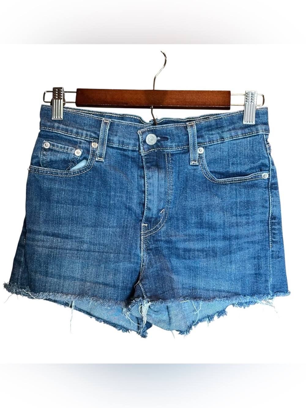 Levis Mid Rise Denim Cut Off Shorts Womens Size 26  Blue Raw Hem